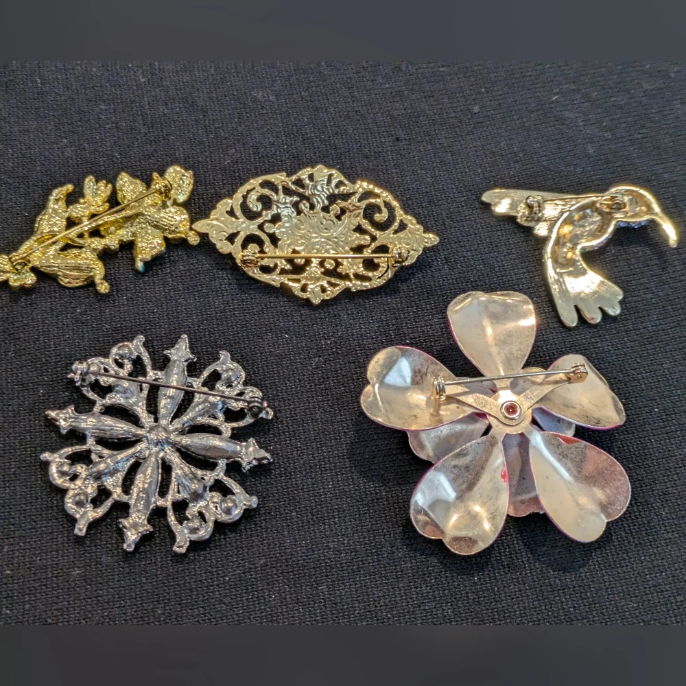 Elegant Floral and Bird Brooch Set of 5